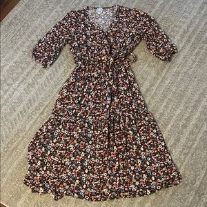 Blue Rain Black Floral Faux Wrap 3/4 Sleeve Dress X-Large